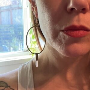 Minimalist Brass  Hoop Earrings w/ Light Pink Quartz Crystal in bullet casing
